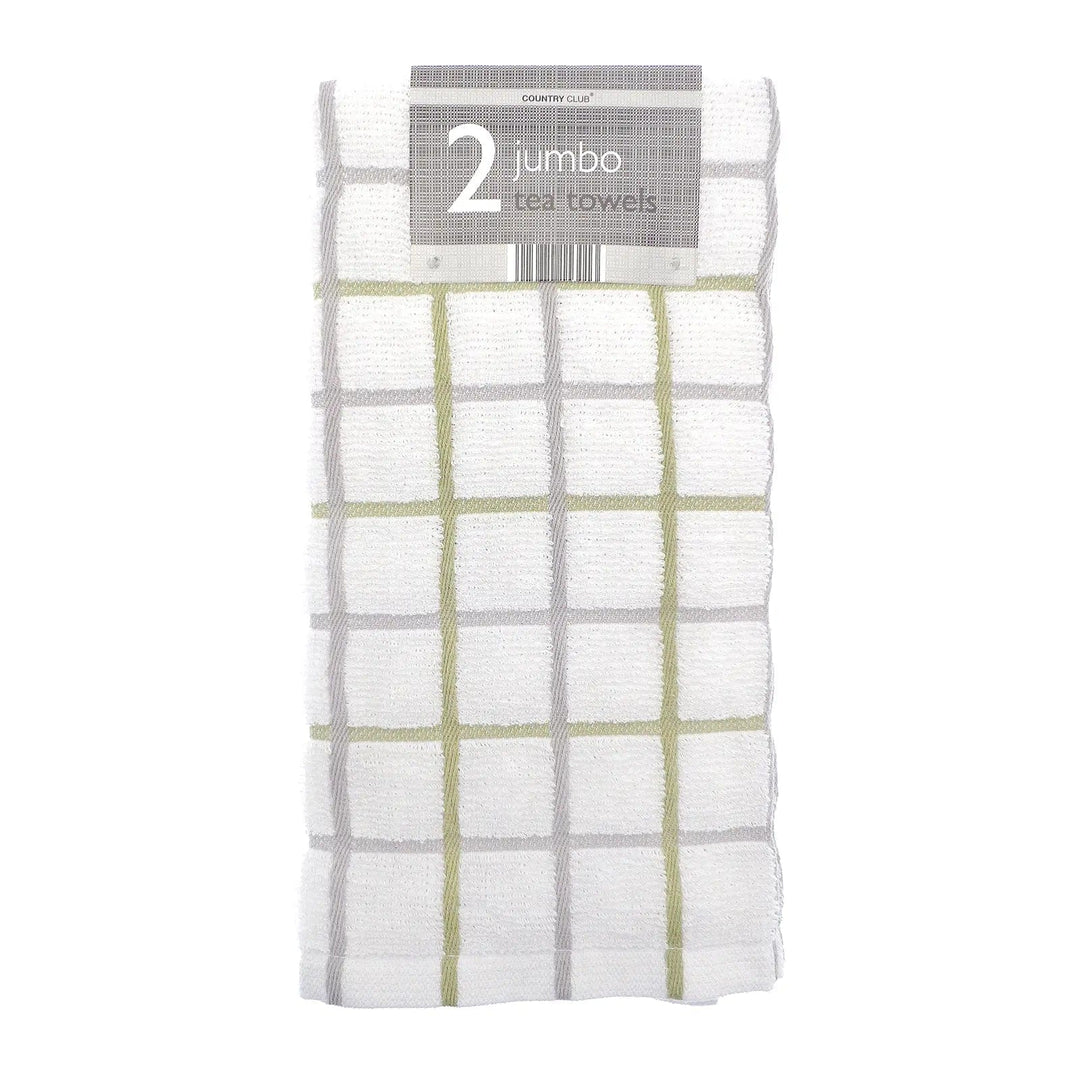 Pack of 2 jumbo tea towels in white with lime green and grey checked pattern