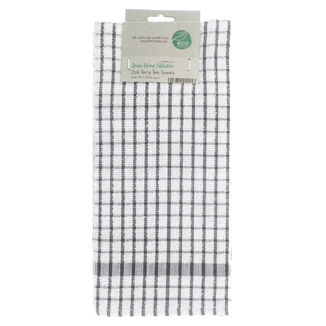 Pack of 2 eco friendly terry tea towels with grey and white checked pattern