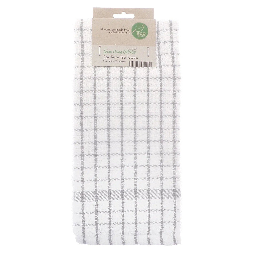 Pack of 2 eco friendly white terry tea towels with light grey checked pattern