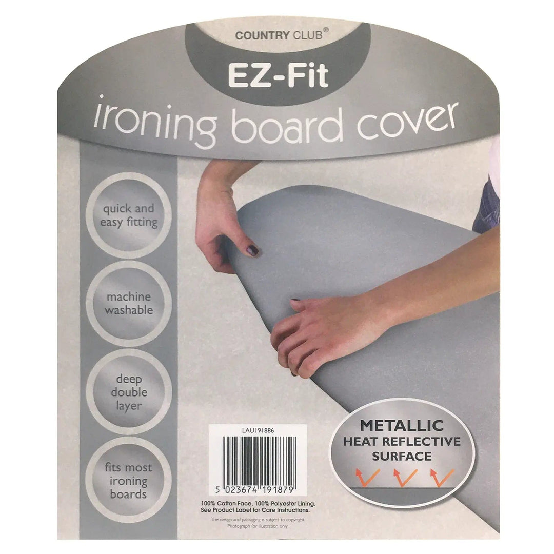 front of packaging for EZ-Fit ironing board cover with metallic heat reflective surface