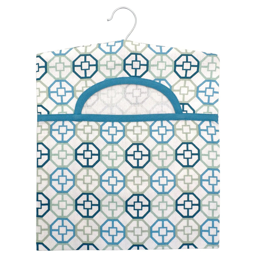 Teal and grey geometric pattern hanging clothes peg storage bag