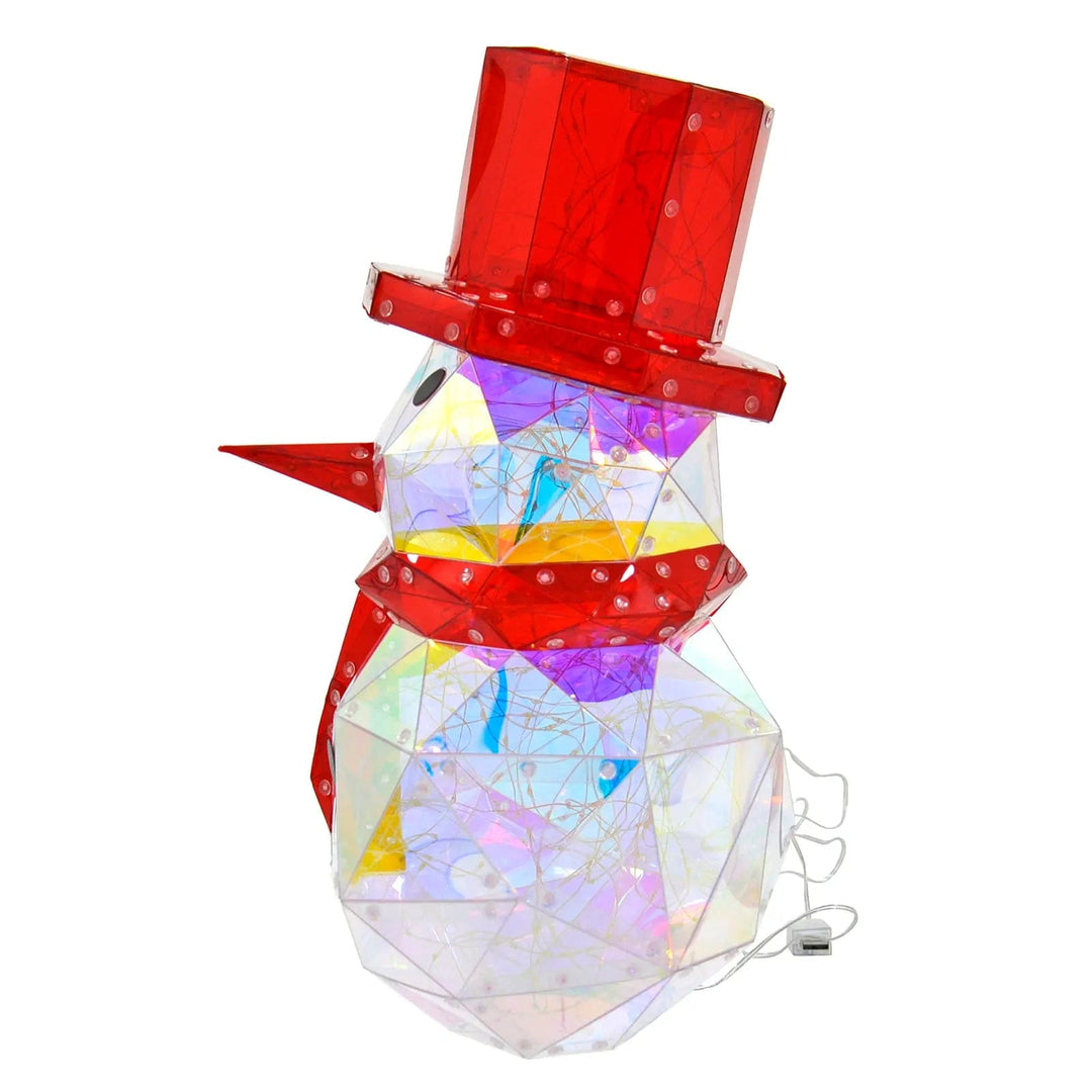 Side view of Starlightz Snowman LED lamp with USB plug, red top hat, scarf and nose