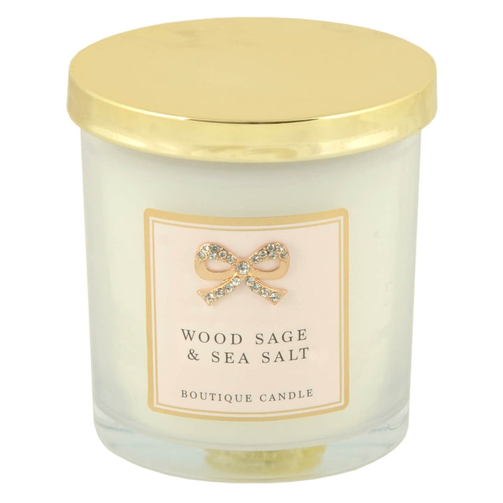 Boutique Candle Scented Hand Poured Soy Wax Diamante Bow 9cm Wood Sage & Sea Sal