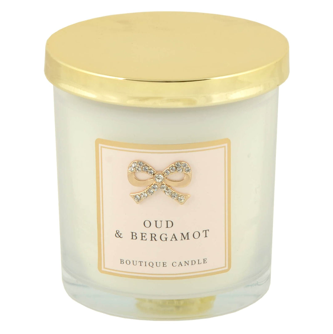 Boutique Candle Scented Hand Poured Soy Wax Diamante Bow 9cm Oud & Bergamot