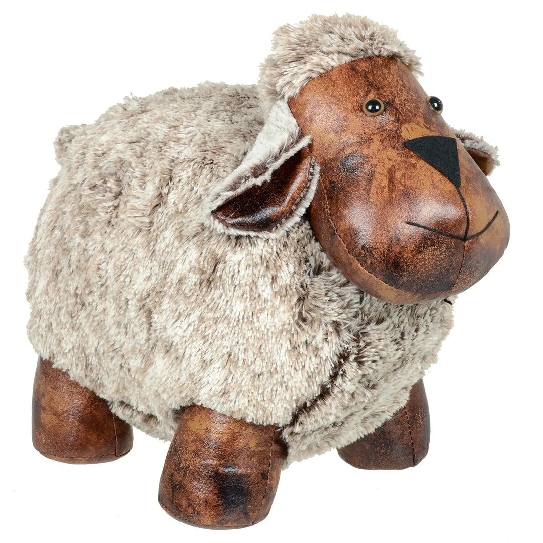 Very large sheep door stop in beige plush and brown faux leather