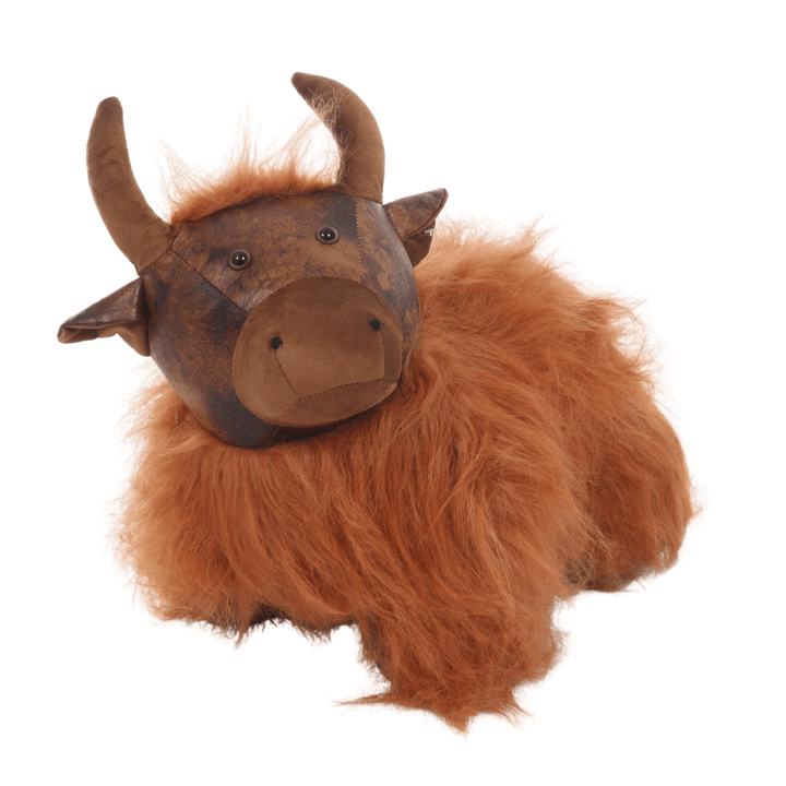 front view of brown plush large highland cow door stop