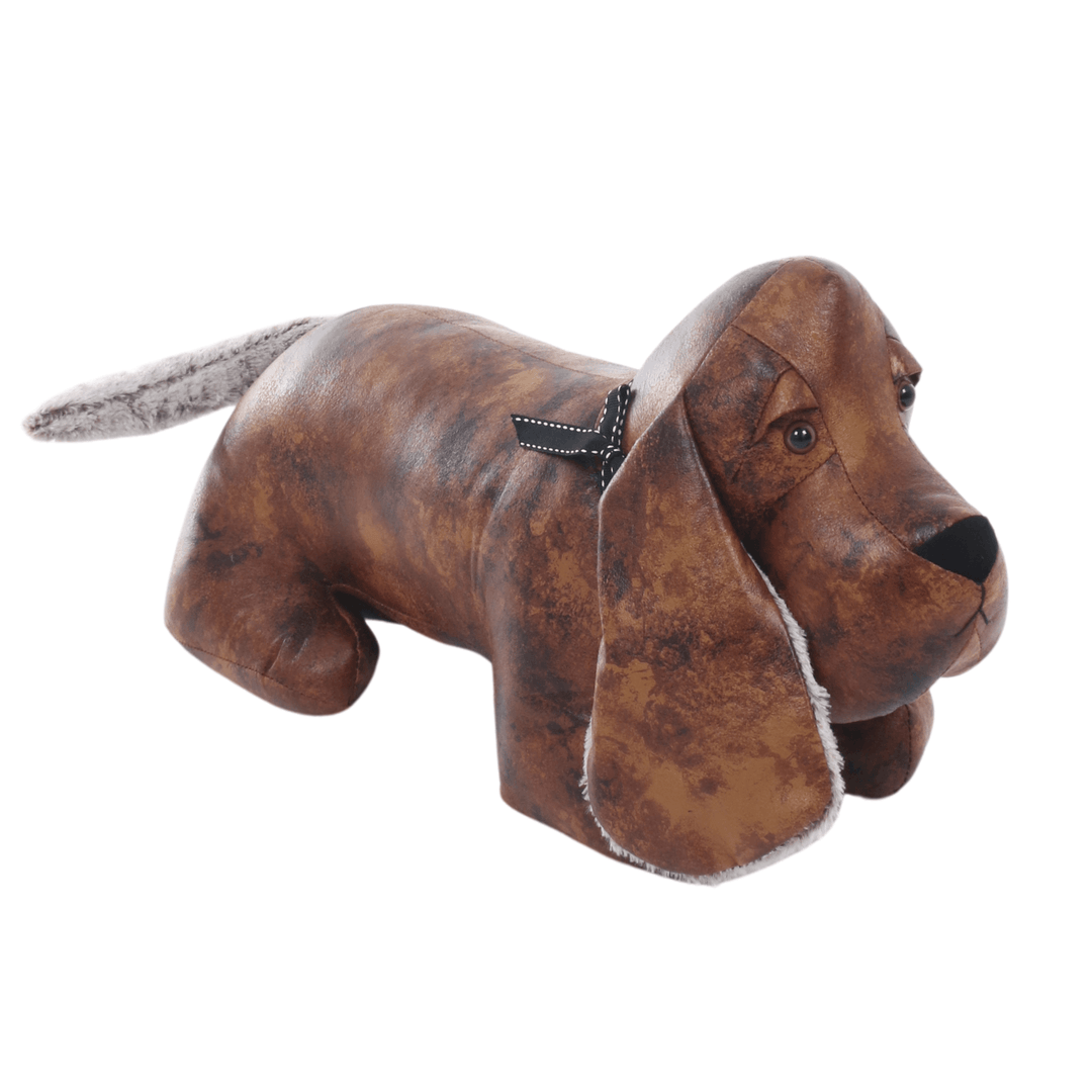 side view of large sausage dog door stop with faux leather materials