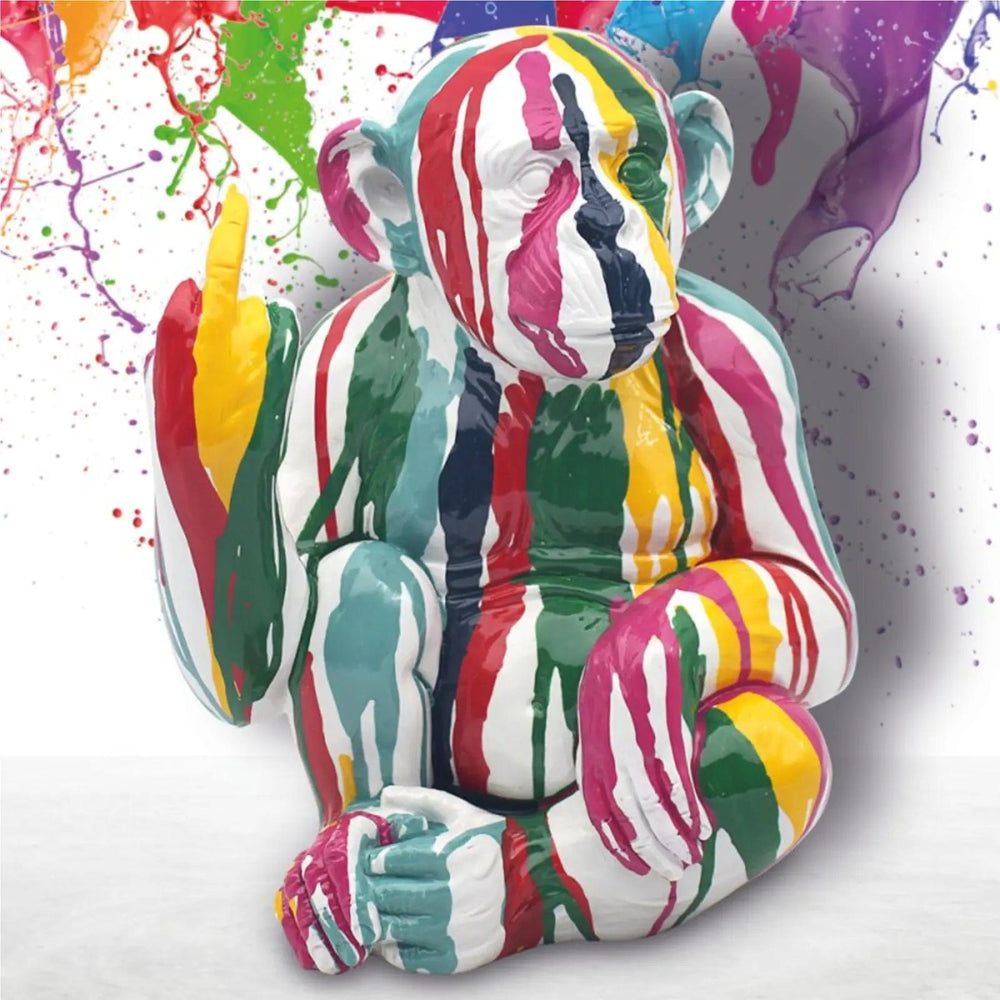 Drip art cimpanzee monkey sculpture with colourful paint drips and up yours hand gesture adult humour