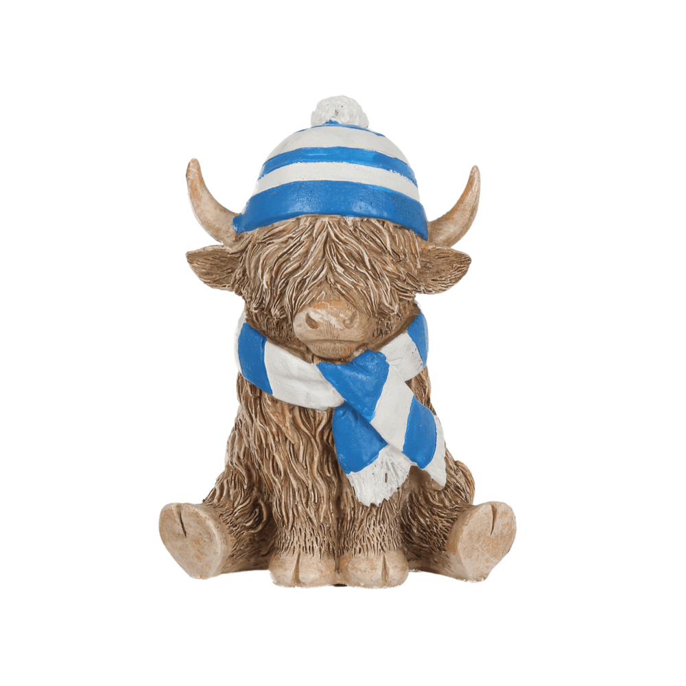 small highland cow ornament wearing blue and white striped hat and scarf