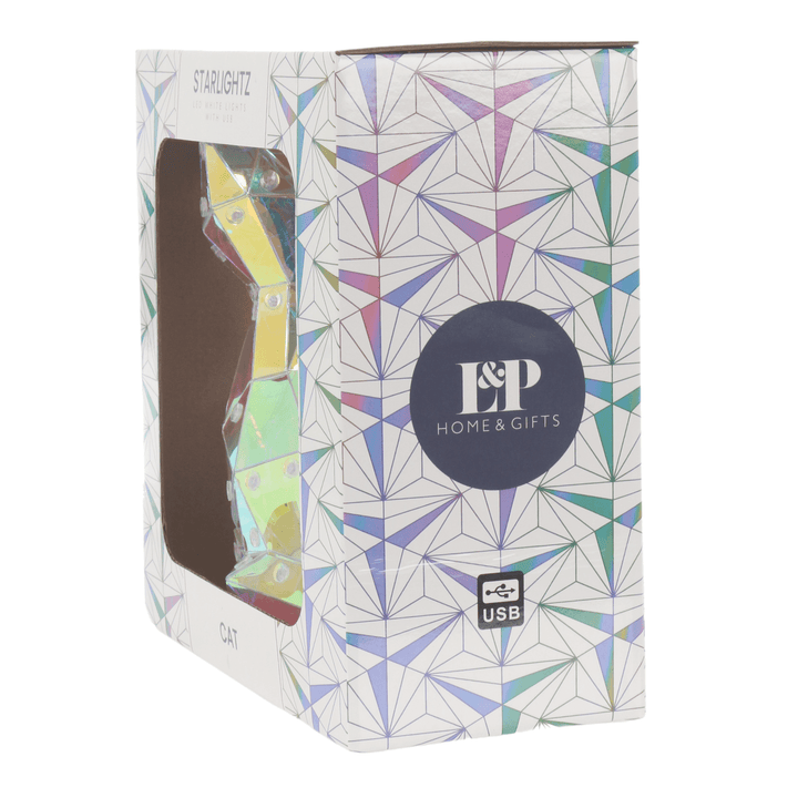 side view of box featuring geometric pattern with L&P Home & Gifts brand logo