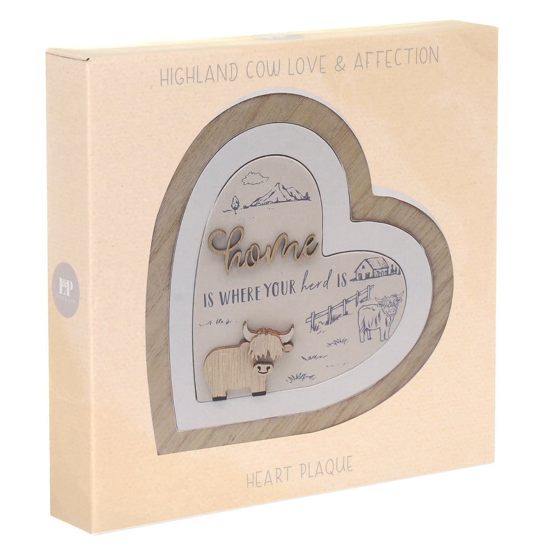 Box packaging for Highland Cow Love & Affection wooden heart plaque with Home quote