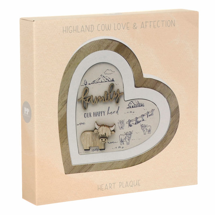 Box packaging for Highland Cow Love & Affection wooden heart plaque with Family quote