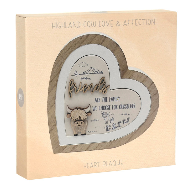 Box packaging for Highland Cow Love & Affection wooden heart plaque with Friends quote