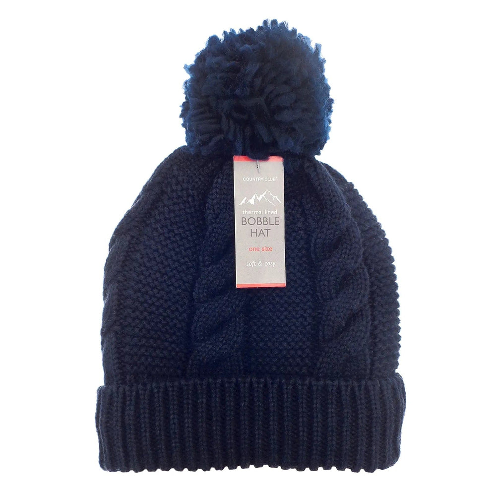 Navy blue chunky knitted thermal lined bobble hat with large wool pom pom