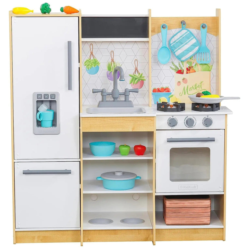 Large play kitchen with cooker, fridge, ice maker shelves, sink, pretend food and accessories