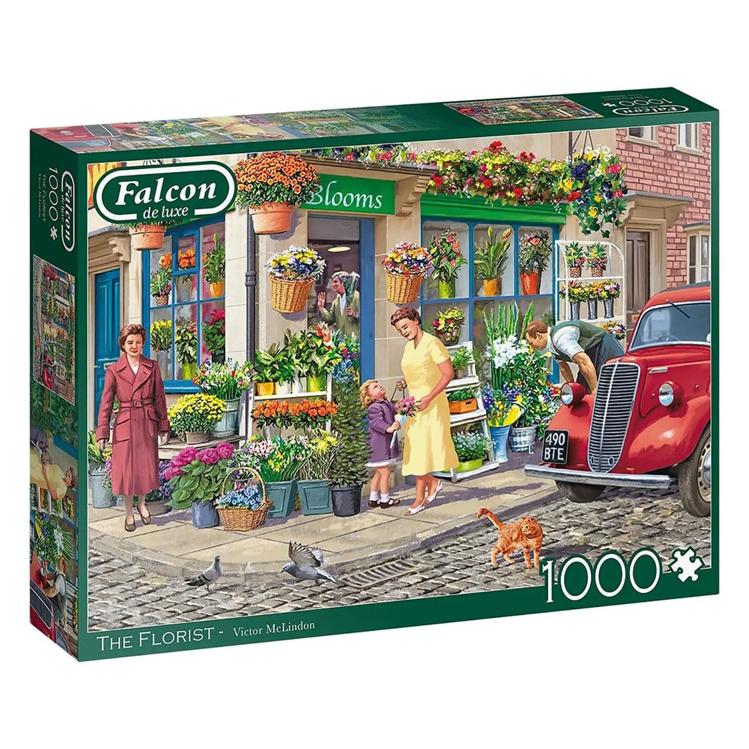 Jigsaw with 1000 pieces and image of a florist on a corner street