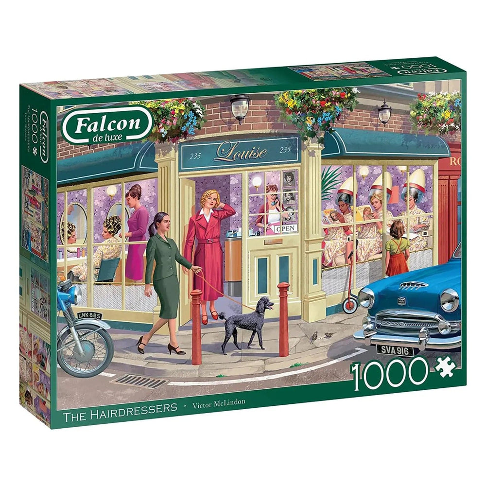 1000 piece jigsaw puzzle with picture of a hairdressers with woman walking a dog outside