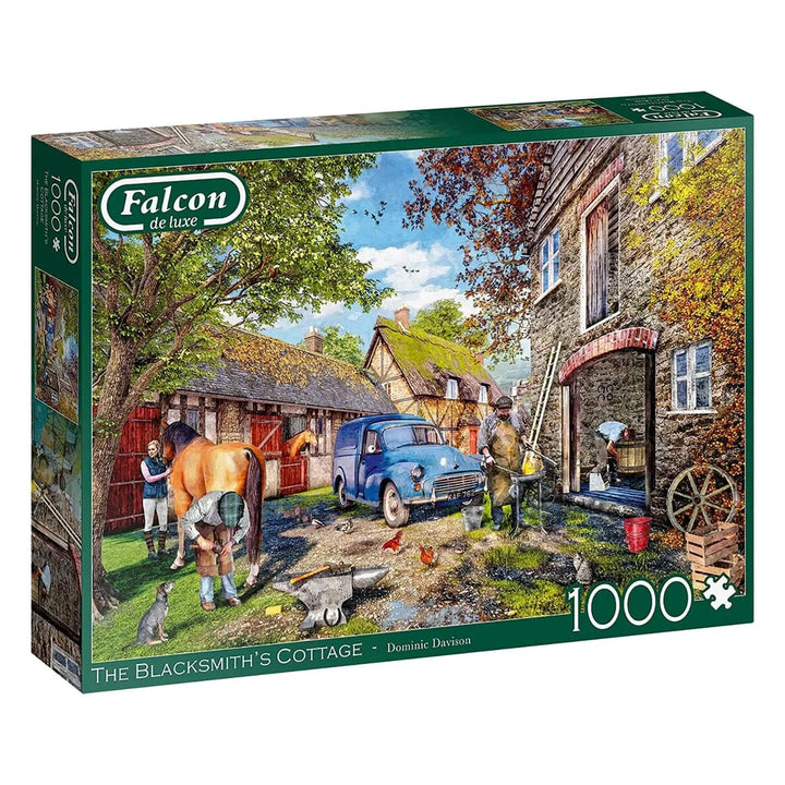 1000 piece jigsaw puzzle with image of the blacksmith's cottage, horse and blue van