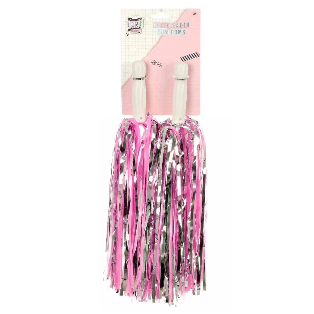 Pack of 2 silver and pink Cheerleader pom poms for fancy dress fun