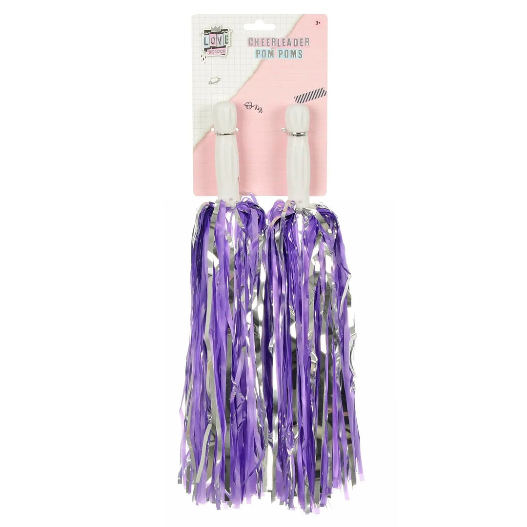 Pack of 2 silver and purple Cheerleader pom poms for fancy dress fun