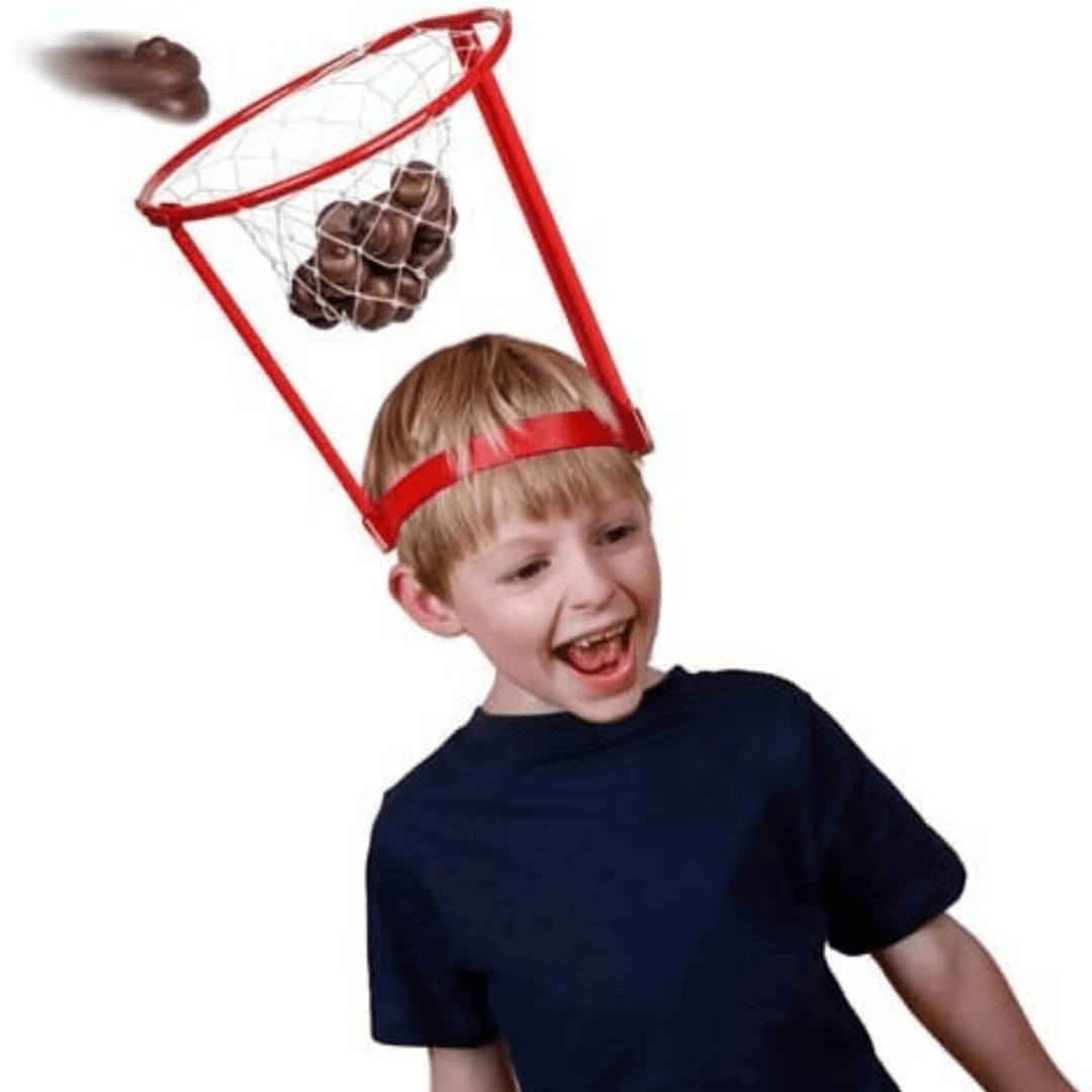 little boy wearing head band hoop filled with poops and another moving into the basket