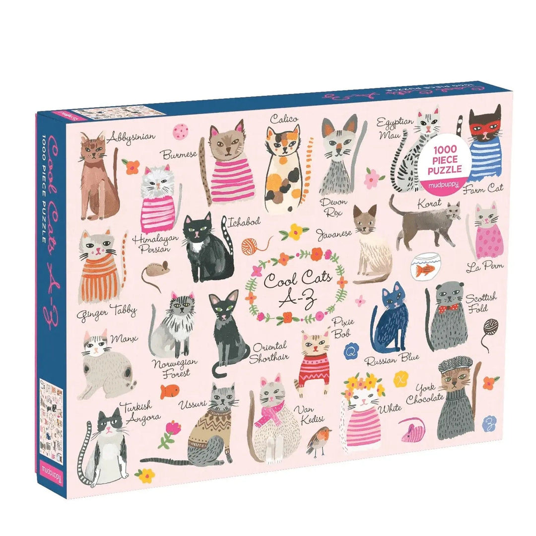 Cool Cats A-Z 1000 piece jigsaw puzzle with illustrated cats and accessories