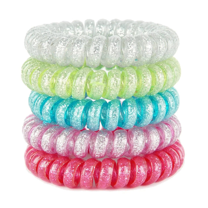 Stack of 5 bright glitter coloured spiral hair bobbles