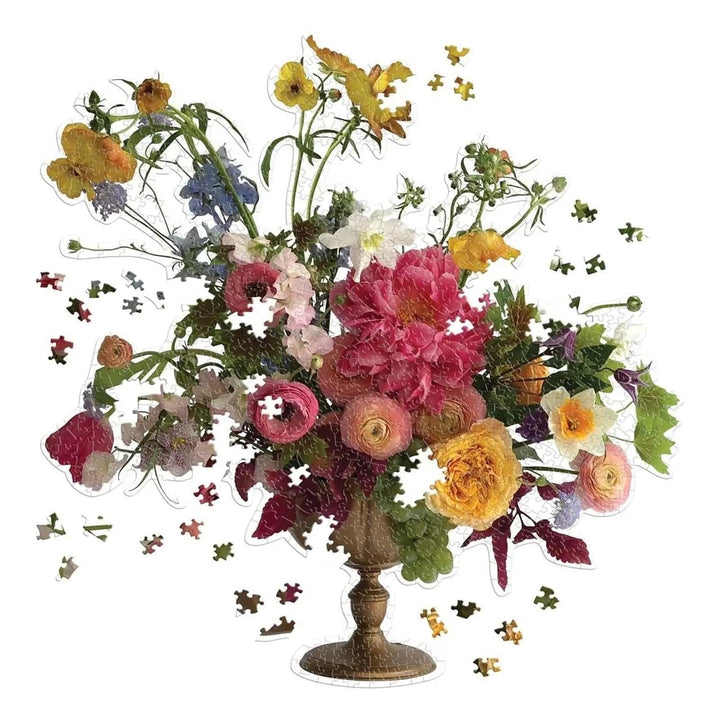 Flowers leaves and fruit in a vase, bouquet shaped jigsaw puzzle almost completed