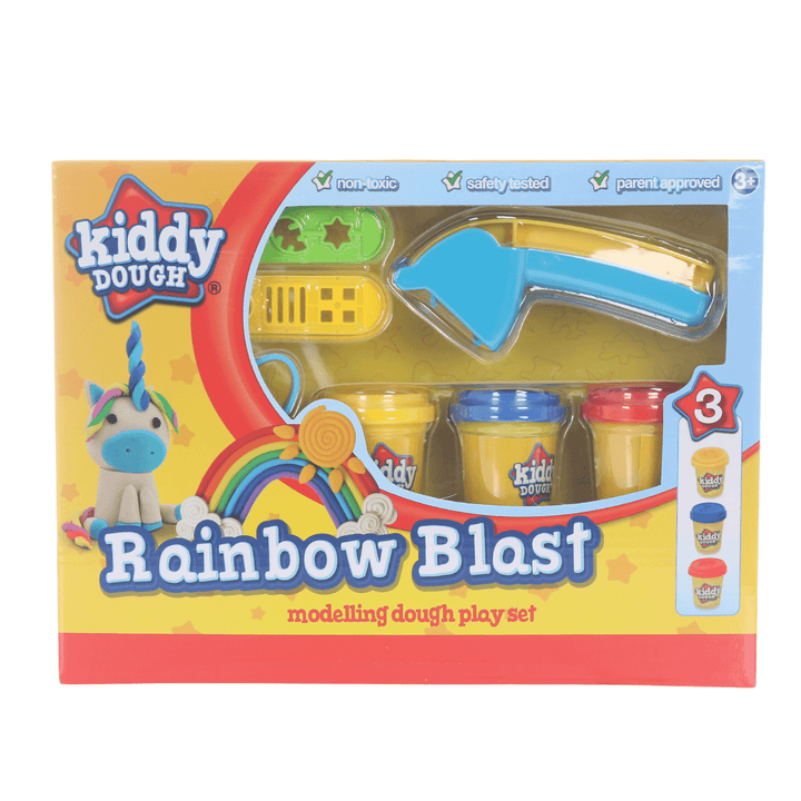 rainbow blast kiddy dough play set featuring dough machine and 3 tubs of modelling dough