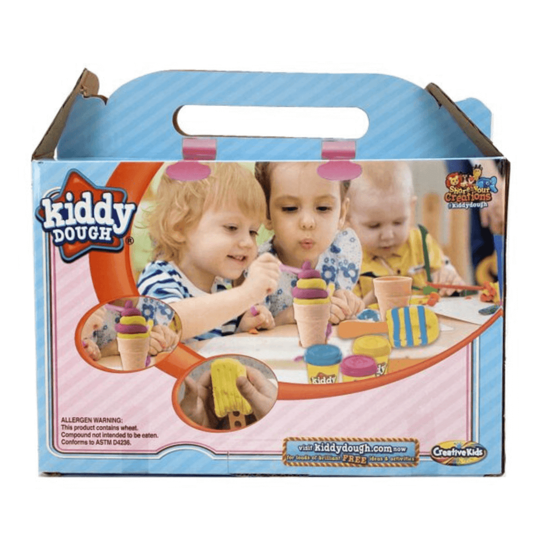 back view of kiddy dough play set featuring 3 young boys creating ice cream dough