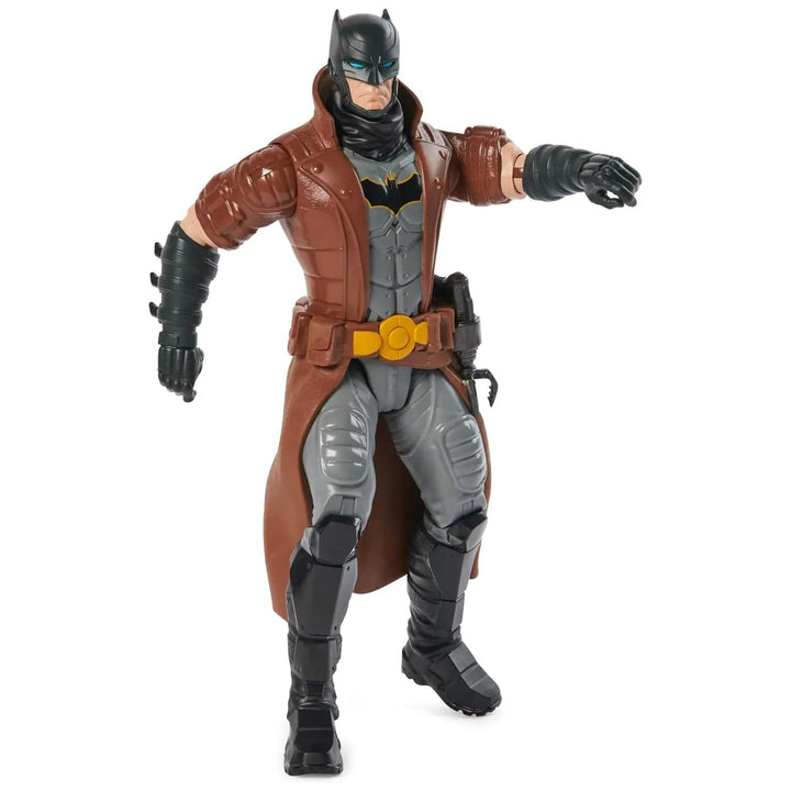 Collectible Batman action figure with brown coat, posed with arm raised