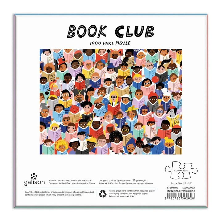 Back of the box of Book Club 1000 piece jigsaw puzzle with artwork by Carolyn Suzuki