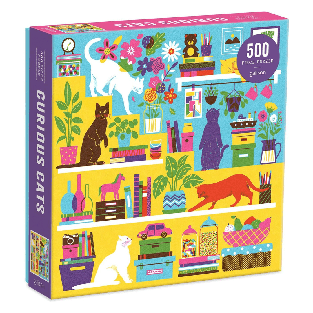 curious cats jigsaw puzzle box featuring colourful mischievous cats illustration