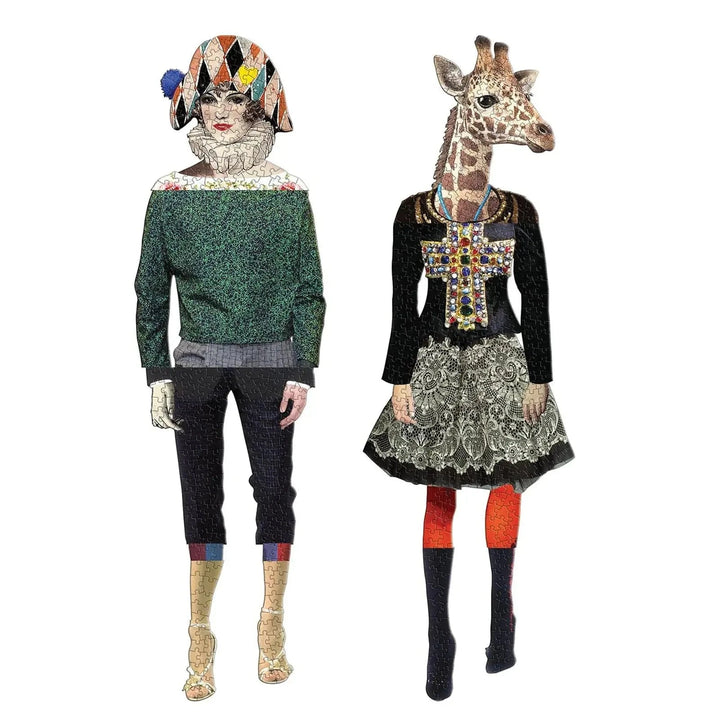 Christian Lacroix design jigsaw puzzles featuring a giraffe in a dress and a harlequin in jumper and sandals