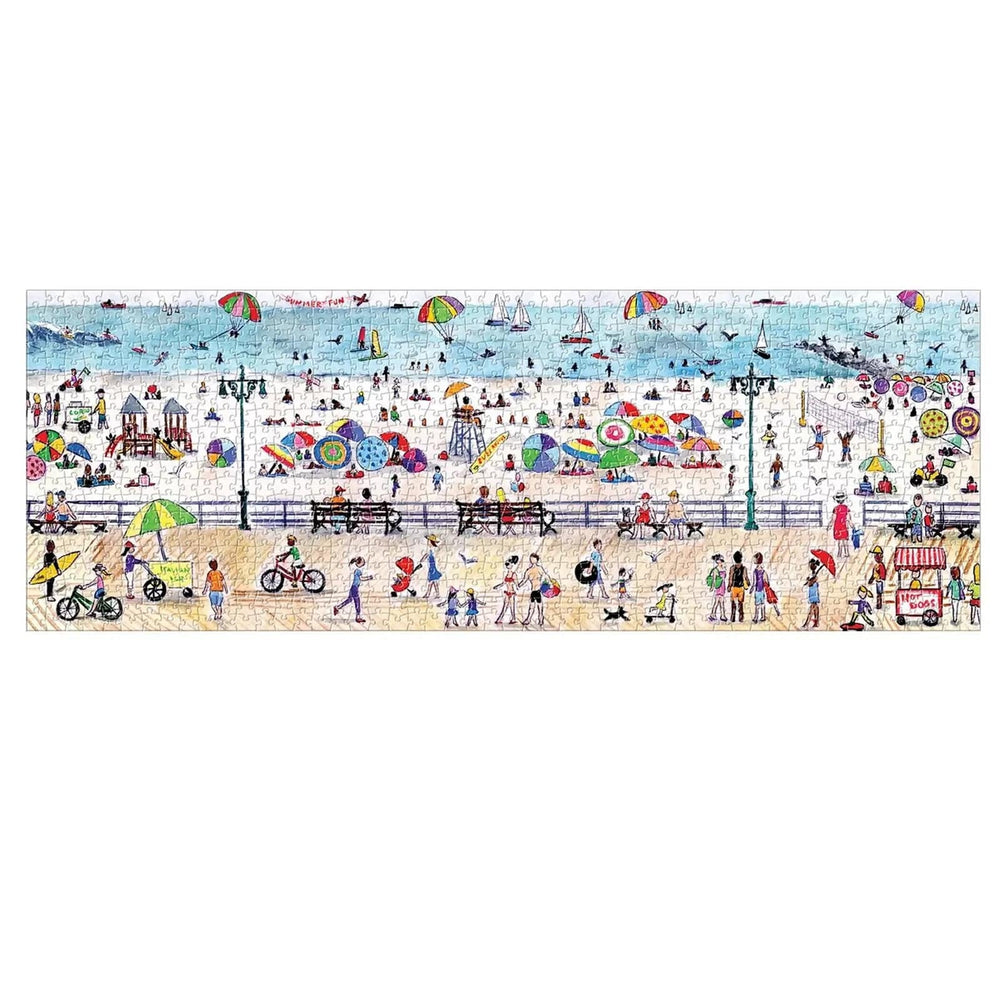 Completed jigsaw puzzle of a busy beach scene illustration