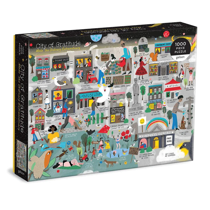 100 piece jigsaw puzzle titled City of Gratitude with illustrations and slogans