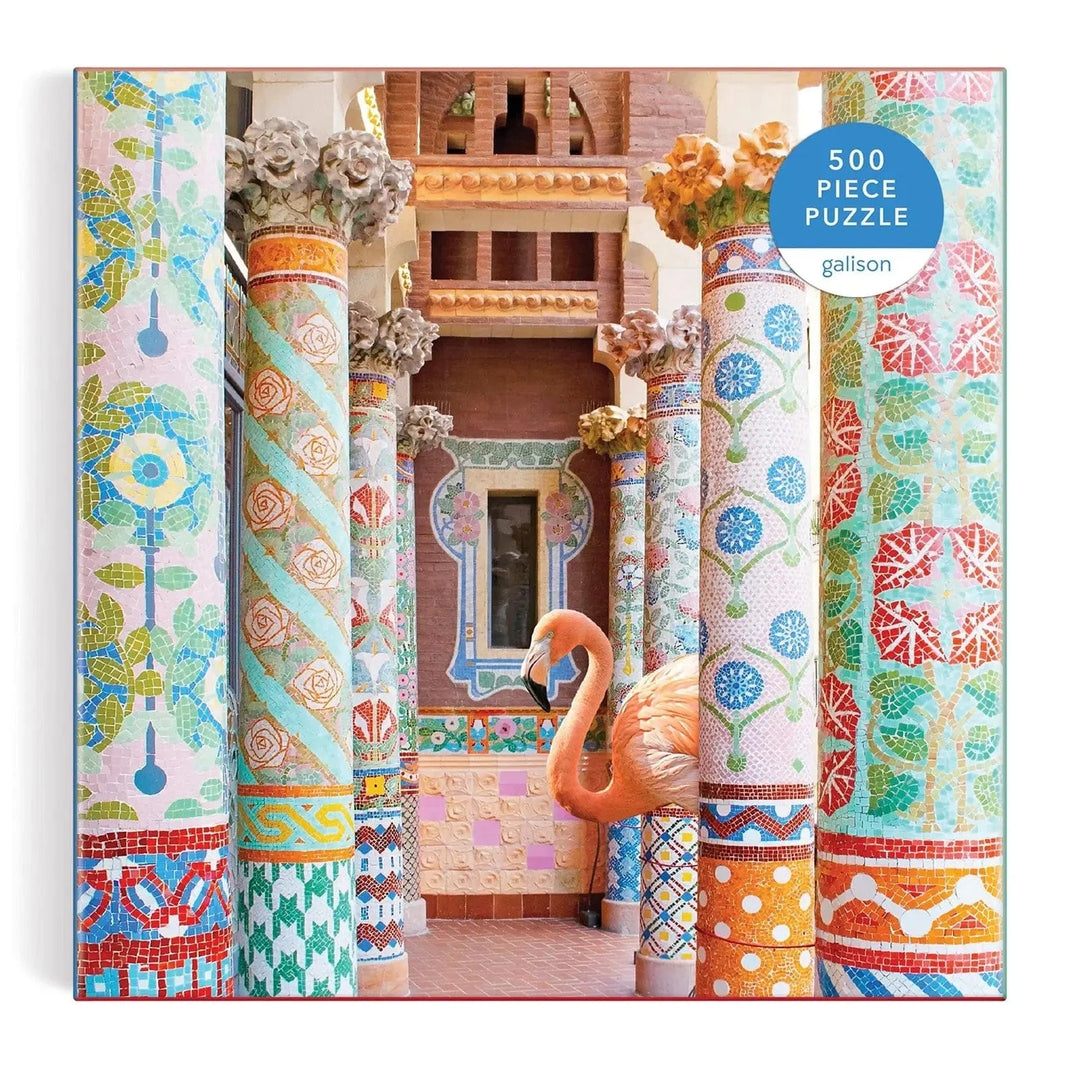 Brightly coloured mosaic columns at the Palau de Musica Catalan in Barcelona and flamingo jigsaw puzzle