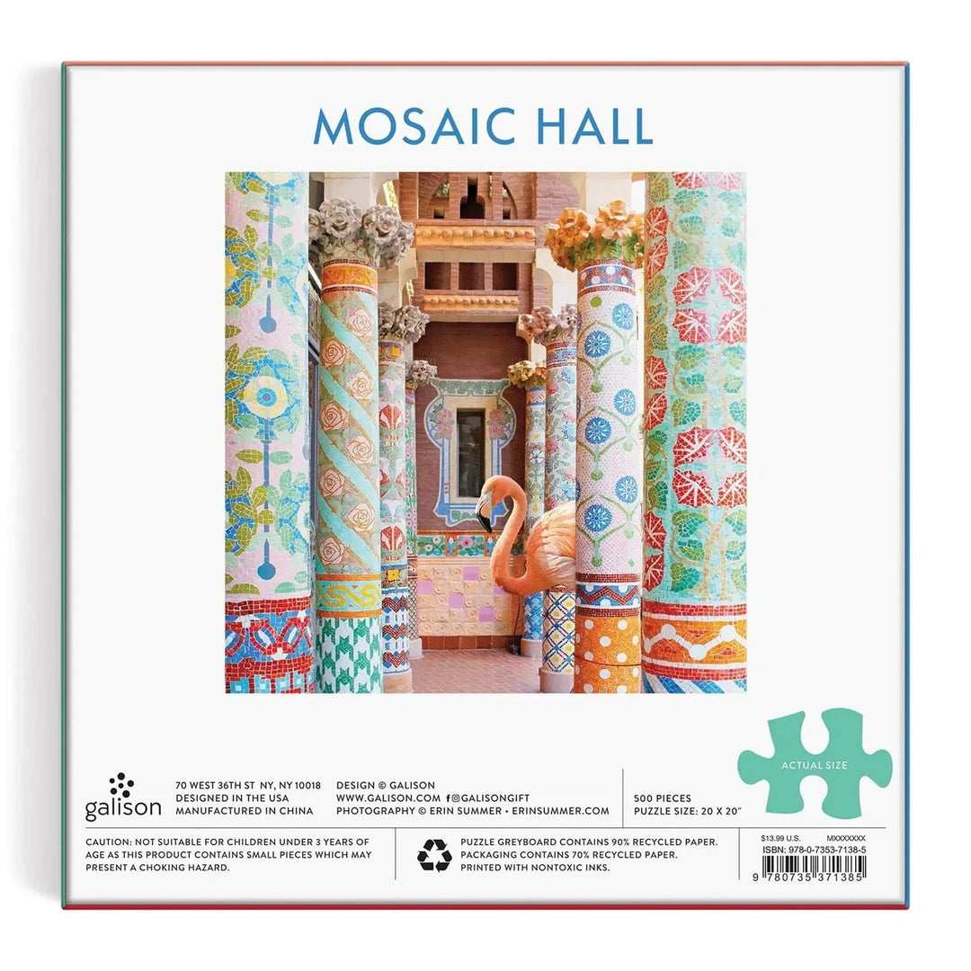 Back of the box of a Mosaic Hall and flamingo jigsaw puzzle