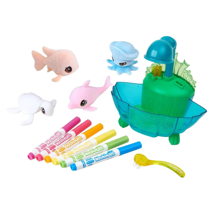 Contents of Ocean Pets Washimals with 4 sea creature figures, 6 colour markers, brush and lagoon bath tub