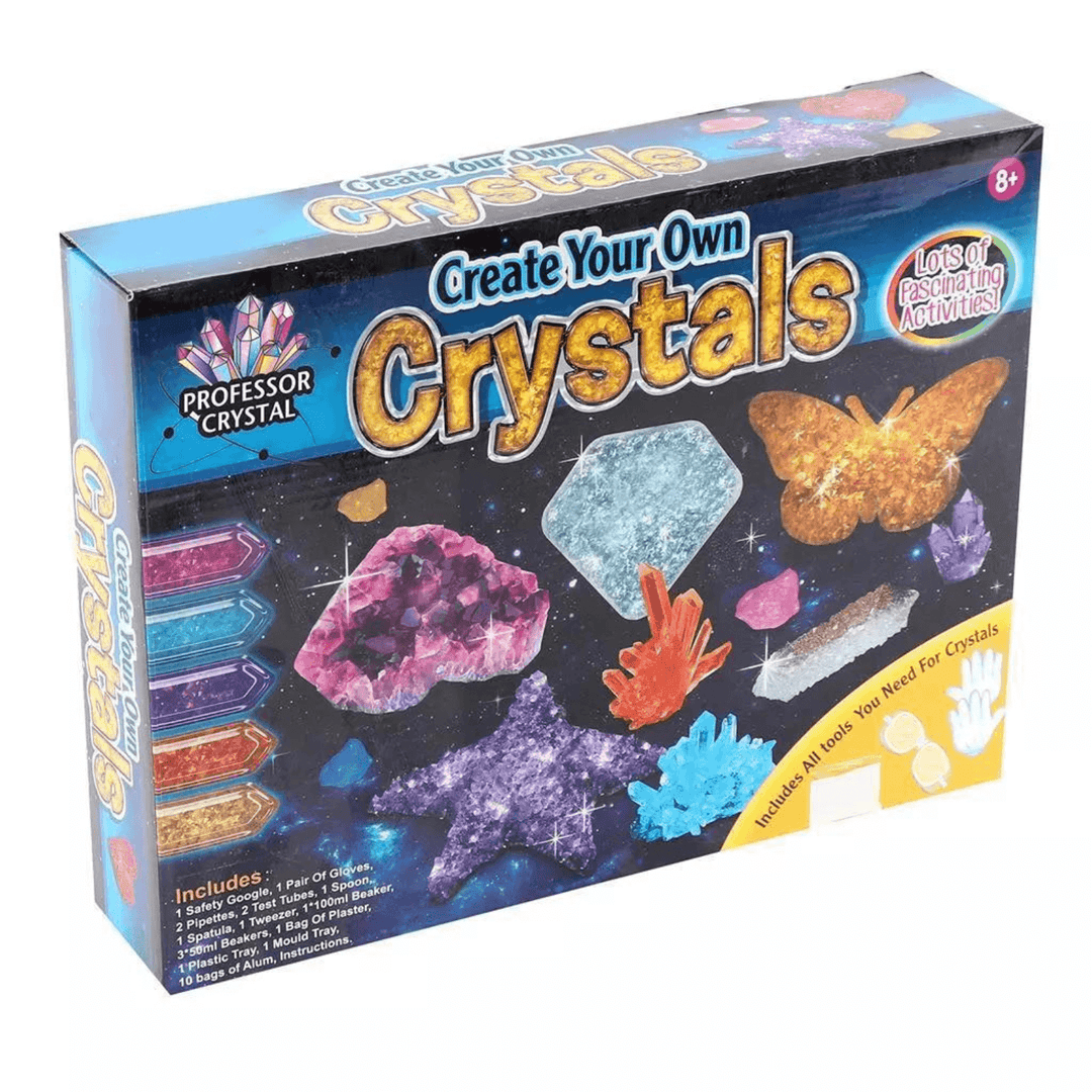 create your own crystals activity kit for kids packaging featuring completed crystal illustration