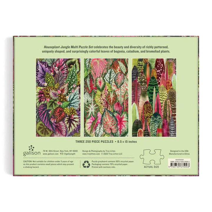 Back of the box of a houseplants jigsaw puzzle set of 3 puzzles