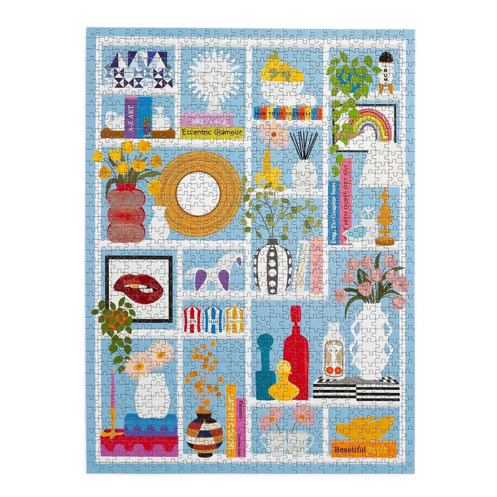 Jonathan Adler 1000 piece jigsaw puzzle with Shelfie design with lots of objects on shelves