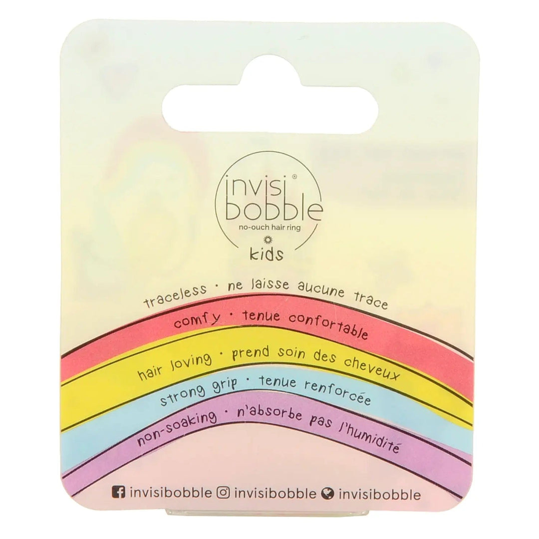 Back of the pack of rainbow invisibobbles hair ties for kids