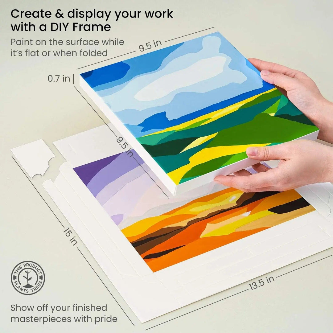 create and frame your work, hands holding a folded canvas frame