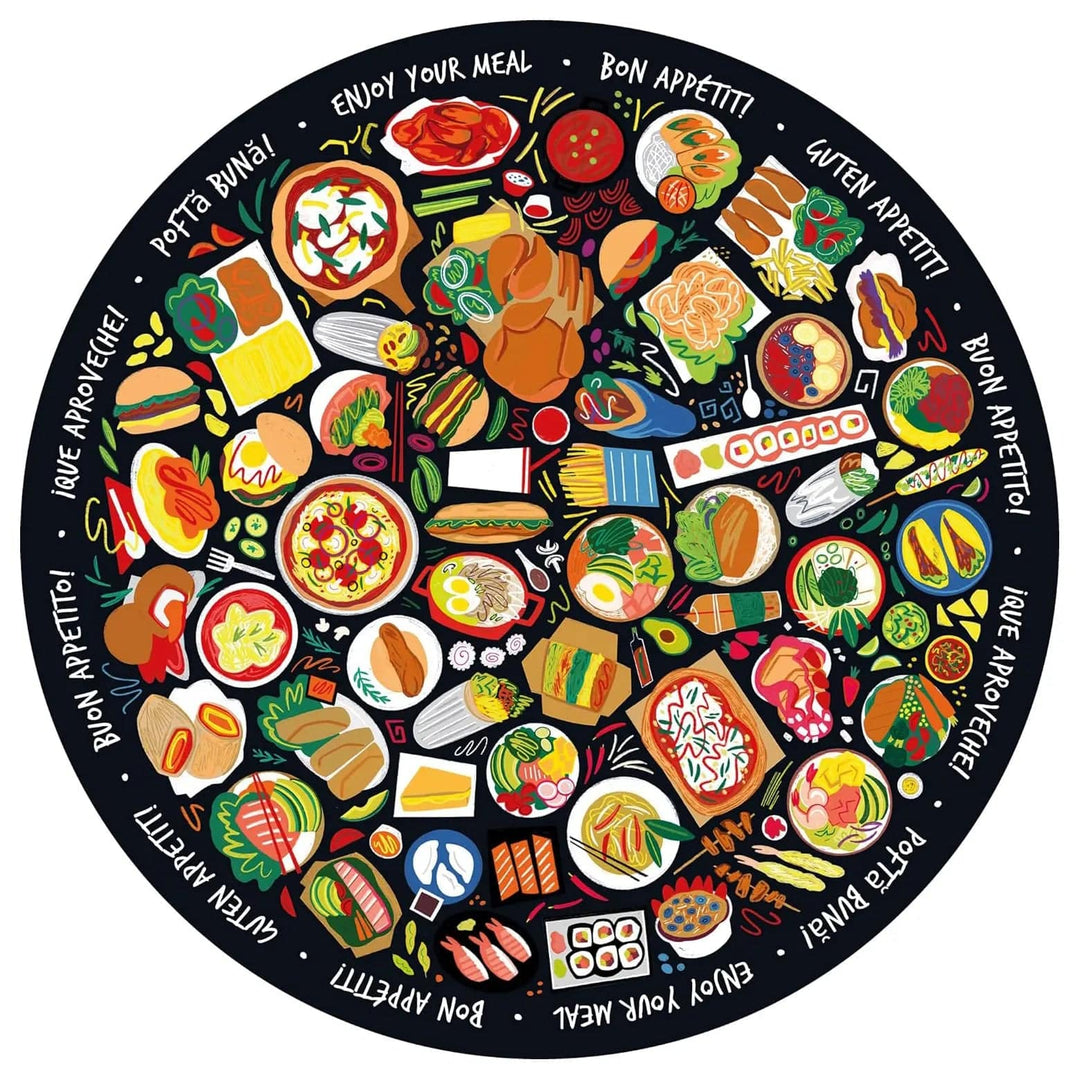 Finished circular jigsaw puzzle with food from around the world design