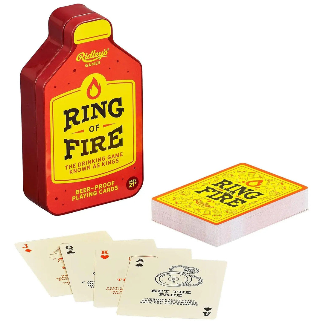 Ring of Fire adults drinking party game with bottle shaped tin to store the beer proof cards