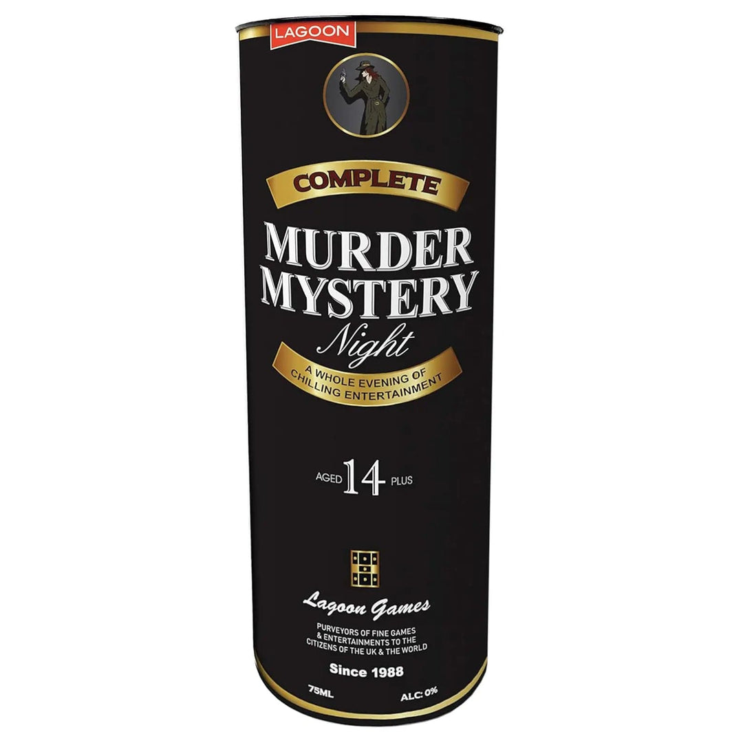 Complete Murder Mystery Night game in a black and gold whisky style tube gift box