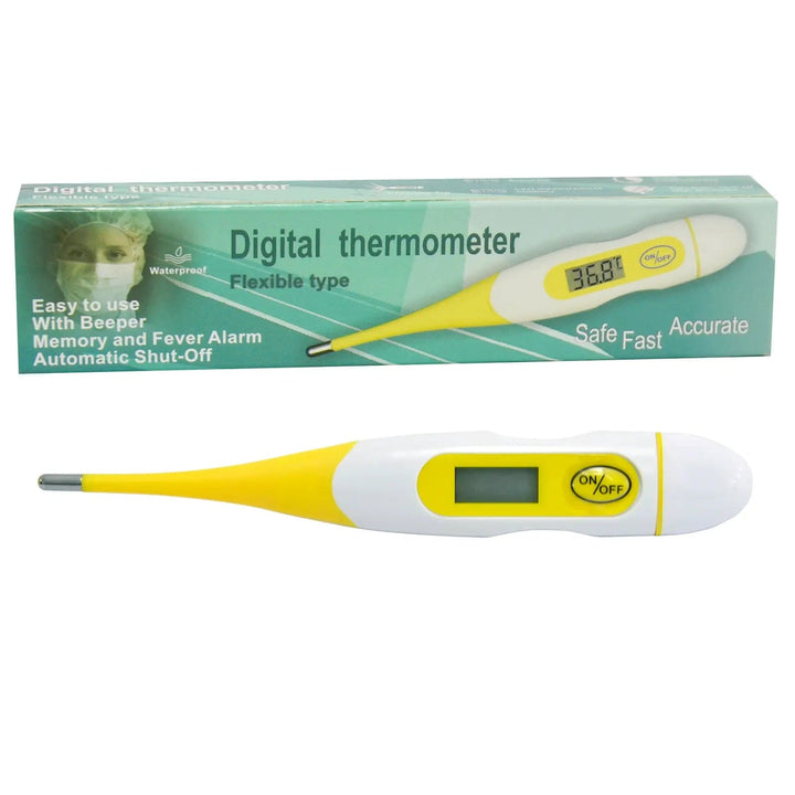 Flexible tip digital thermometer in yellow and white with beeper and fever alarm