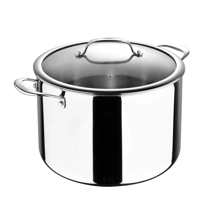 Large silver stock pot with glass lid, steam vent and 2 handles