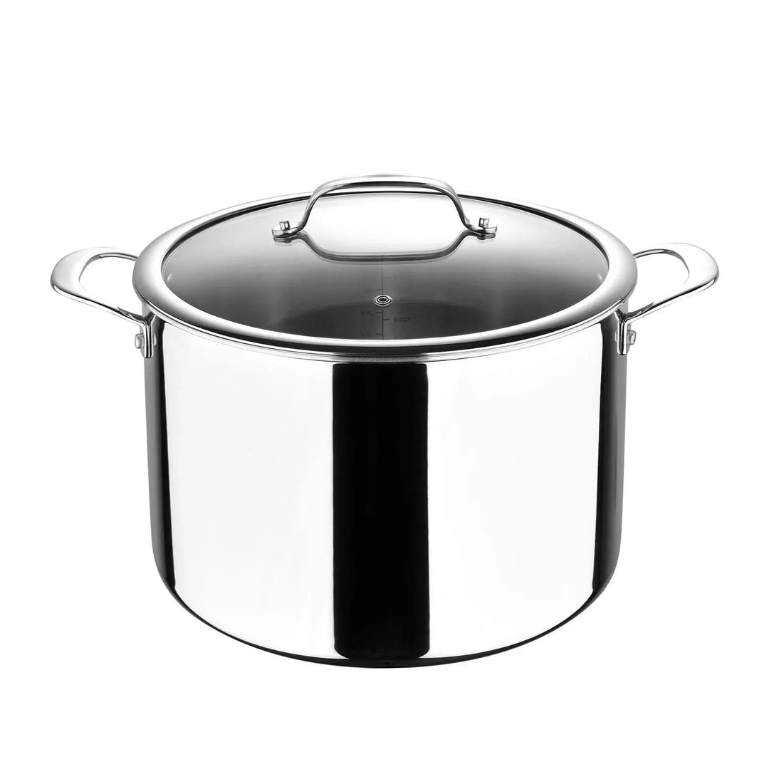 Side view of a polished stainless steel stock pot with glass lid and steam vent